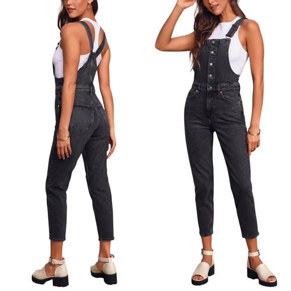 WE THE FREE x FREE PEOPLE Shelby Button Front Overalls in Washed Black